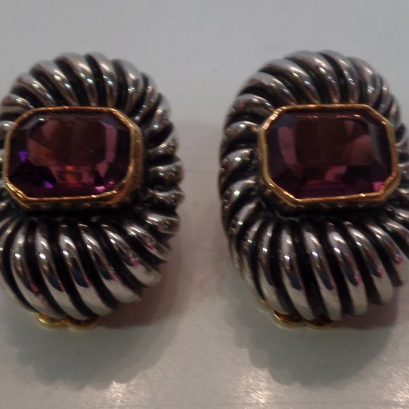 Vintage Gold & Silver Tone W Purple Stone CLIP On Earrings. Miss Jacksons Tulsa - Picture 2 of 12